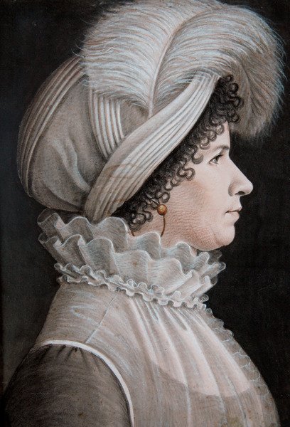 Porträt einer Frau mit einem Hut, der mit einer Feder verziert ist von Etienne Esperance Bouchardy