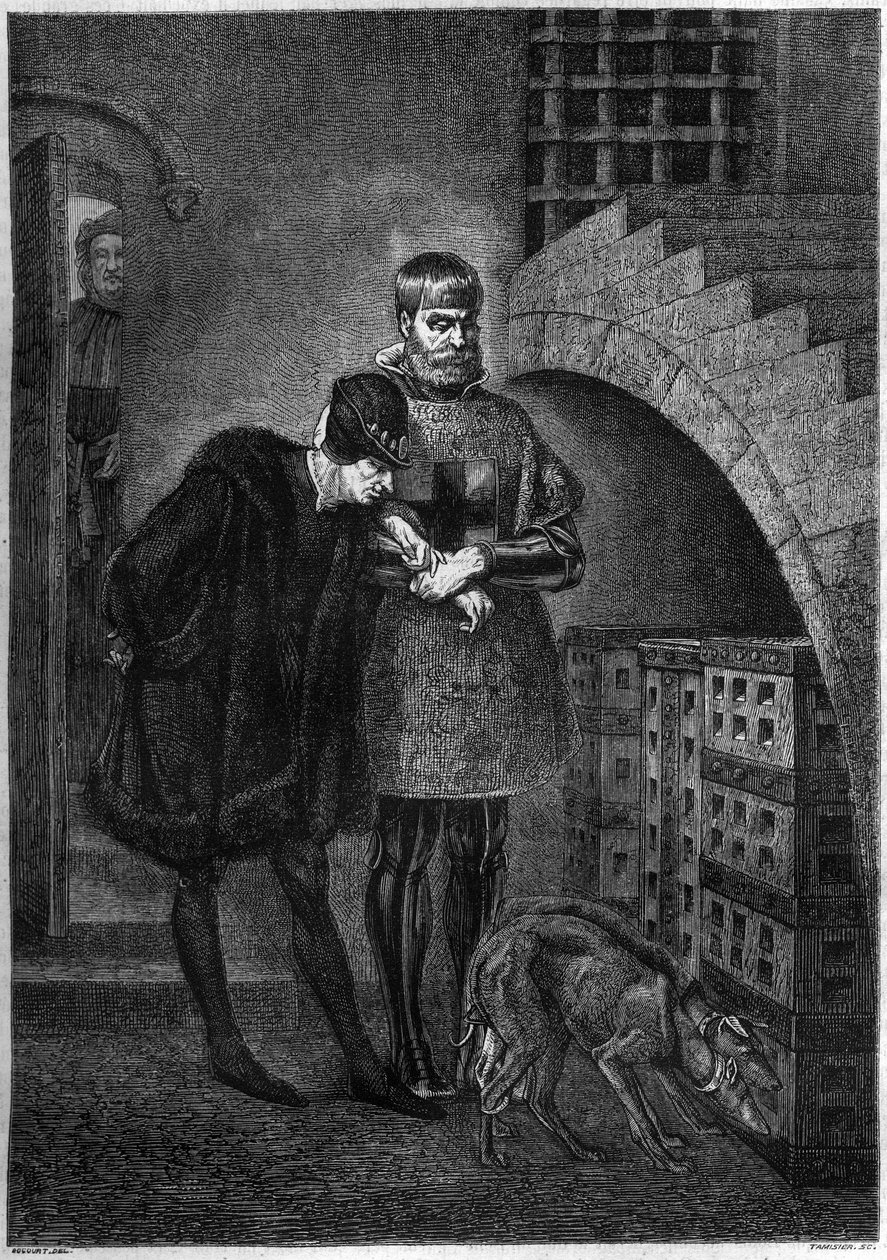 König Ludwig XI. von Frankreich (1423-1483) besucht den Gefangenen Jean de La Balue (Kardinal Balue) (1421-1491), eingesperrt in einem Eisenkäfig. Gravur von Bocourt nach dem Gemälde von Gérôme von Etienne Gabriel Bocourt