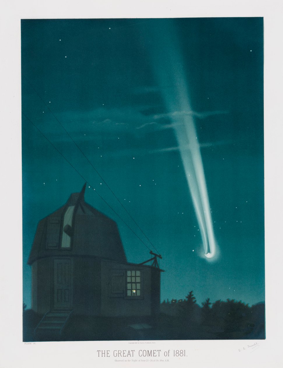 Der Große Komet von 1881, beobachtet in der Nacht vom 25. auf den 26. Juni, um 1:30 Uhr, veröffentlicht 1881 von Étienne Léopold Trouvelot