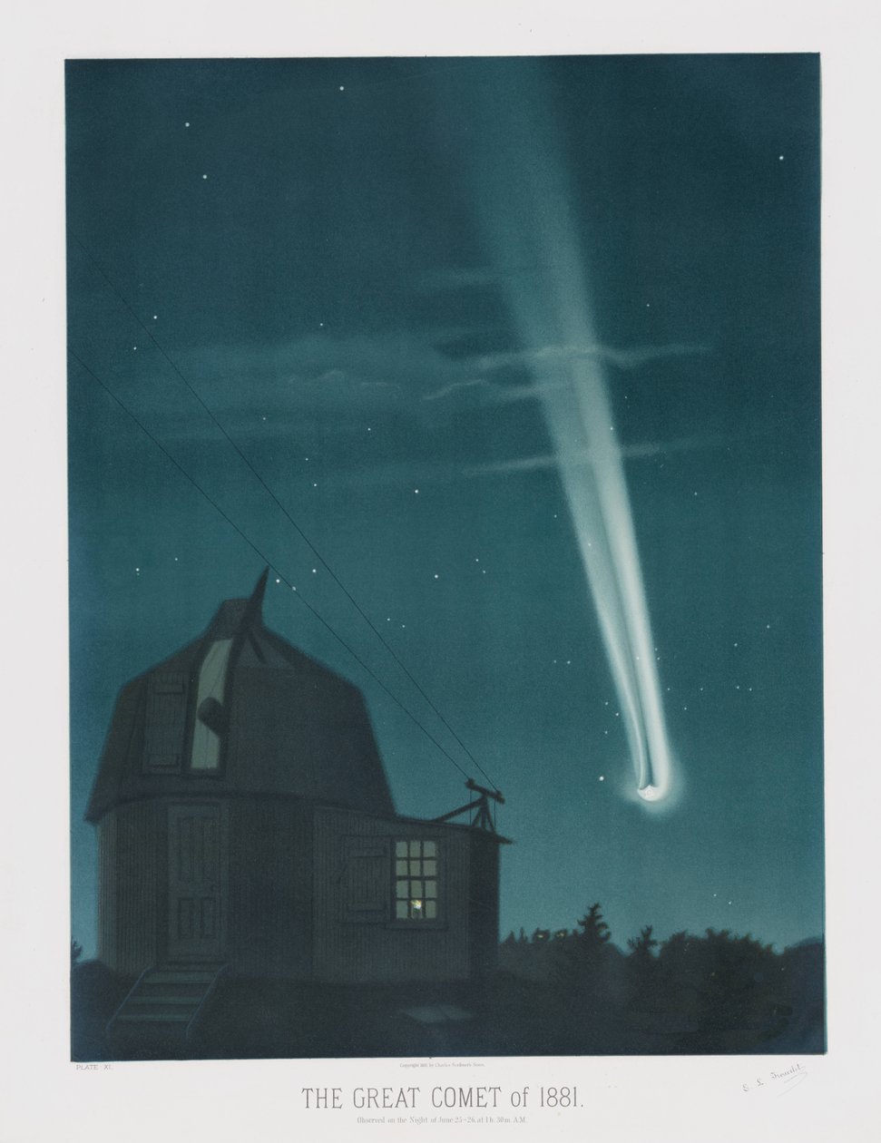 Der Große Komet von 1881, beobachtet in der Nacht vom 25. auf den 26. Juni, um 1:30 Uhr, aus The Trouvelot Astronomical Drawings 1881, veröffentlicht 1881 von Étienne Léopold Trouvelot