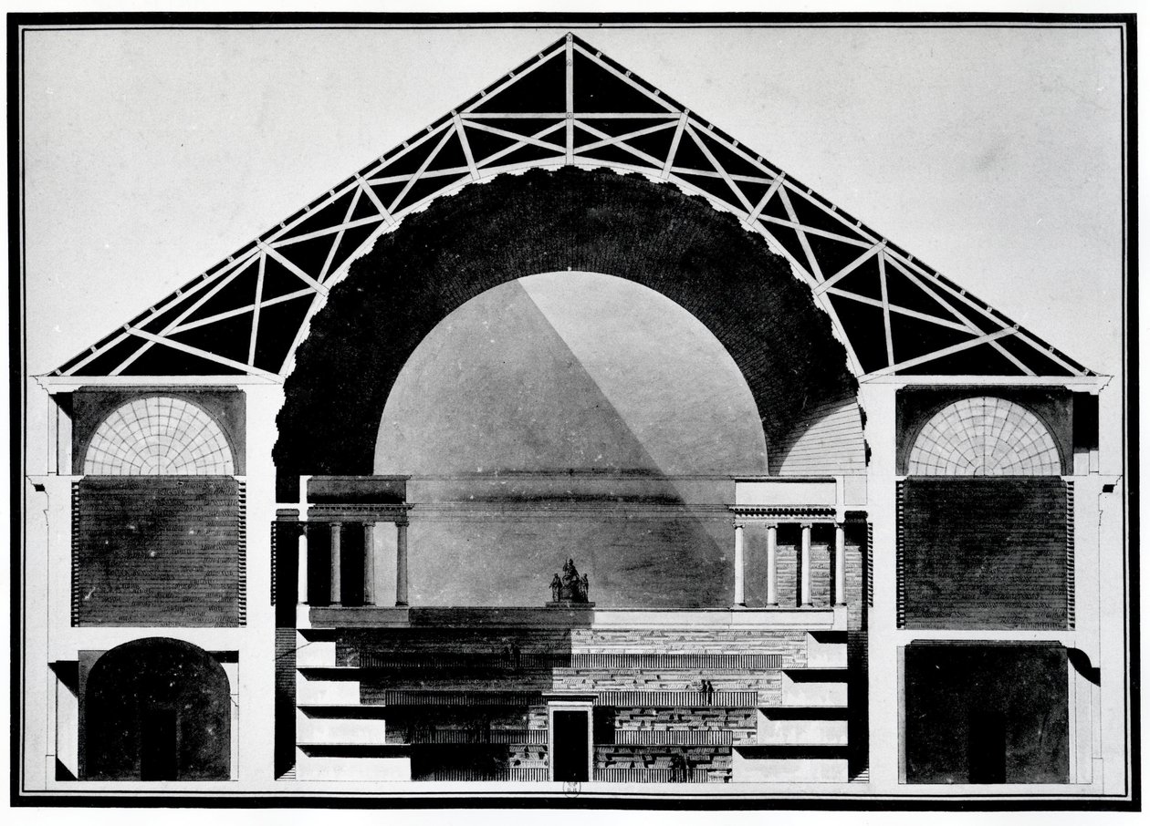 Bibliothèque Royale de France, Querschnittszeichnung des Gebäudes. Architektur von Etienne Louis Boullee (Etienne-Louis Boullee), französischer Architekt (1728-1799) von Etienne Louis Boullee