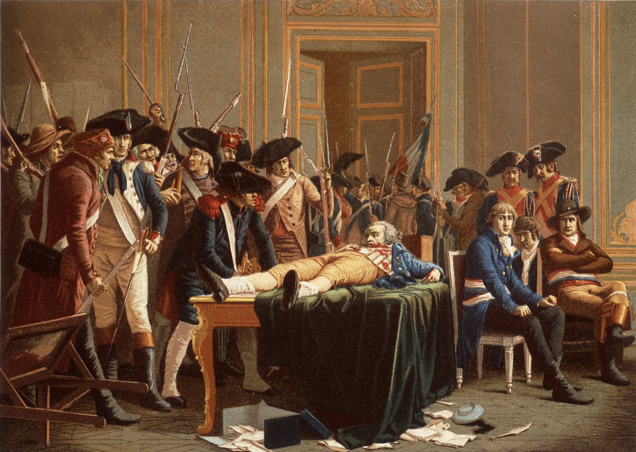 Der Morgen des 10. Thermidor Jahr II; Maximilien de Robespierre, mit gebrochenem Kiefer, auf einem Tisch ausgebreitet von Etienne Lucien (after) Melingue