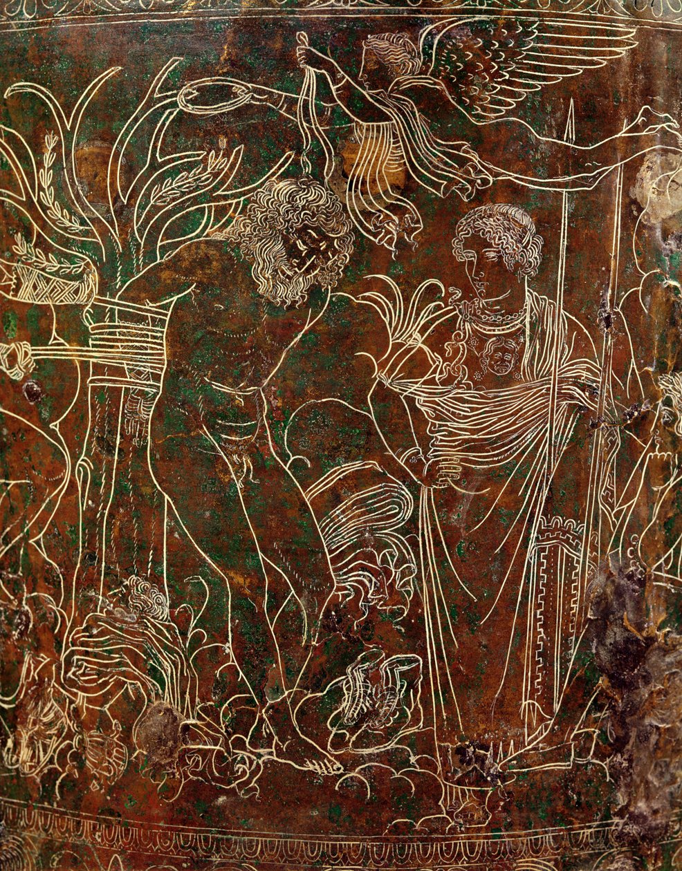 Amycus an einen Baum gebunden von Pollux, Detail von der Ficoroni-Cista, aus Palestrina, ca. 320 v. Chr. von Etruscan
