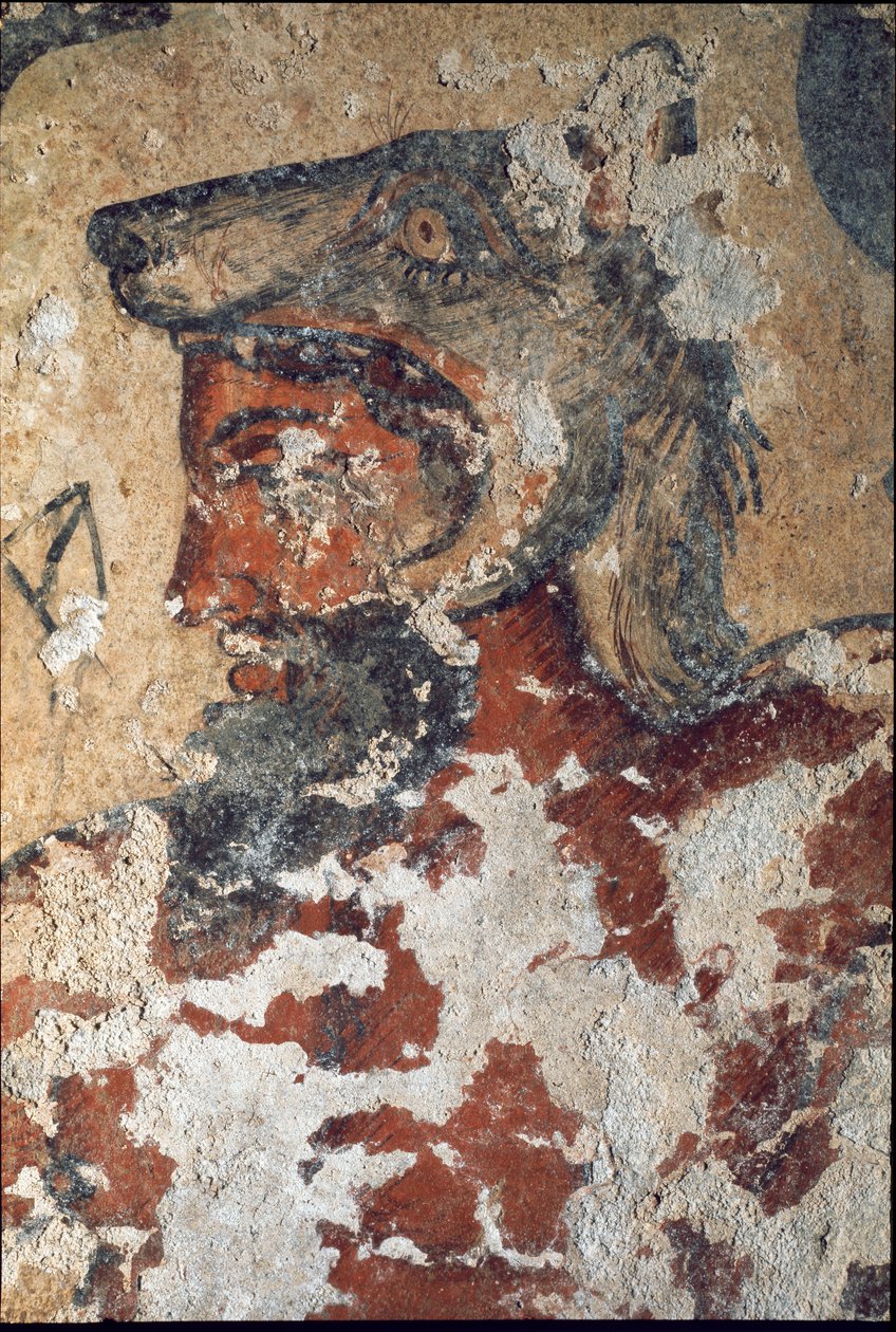Aita (Eiza), etruskischer Gott des Jenseits, trägt eine Wolfskappe (Detail eines Freskos, 4. Jahrhundert v. Chr.) von Etruscan