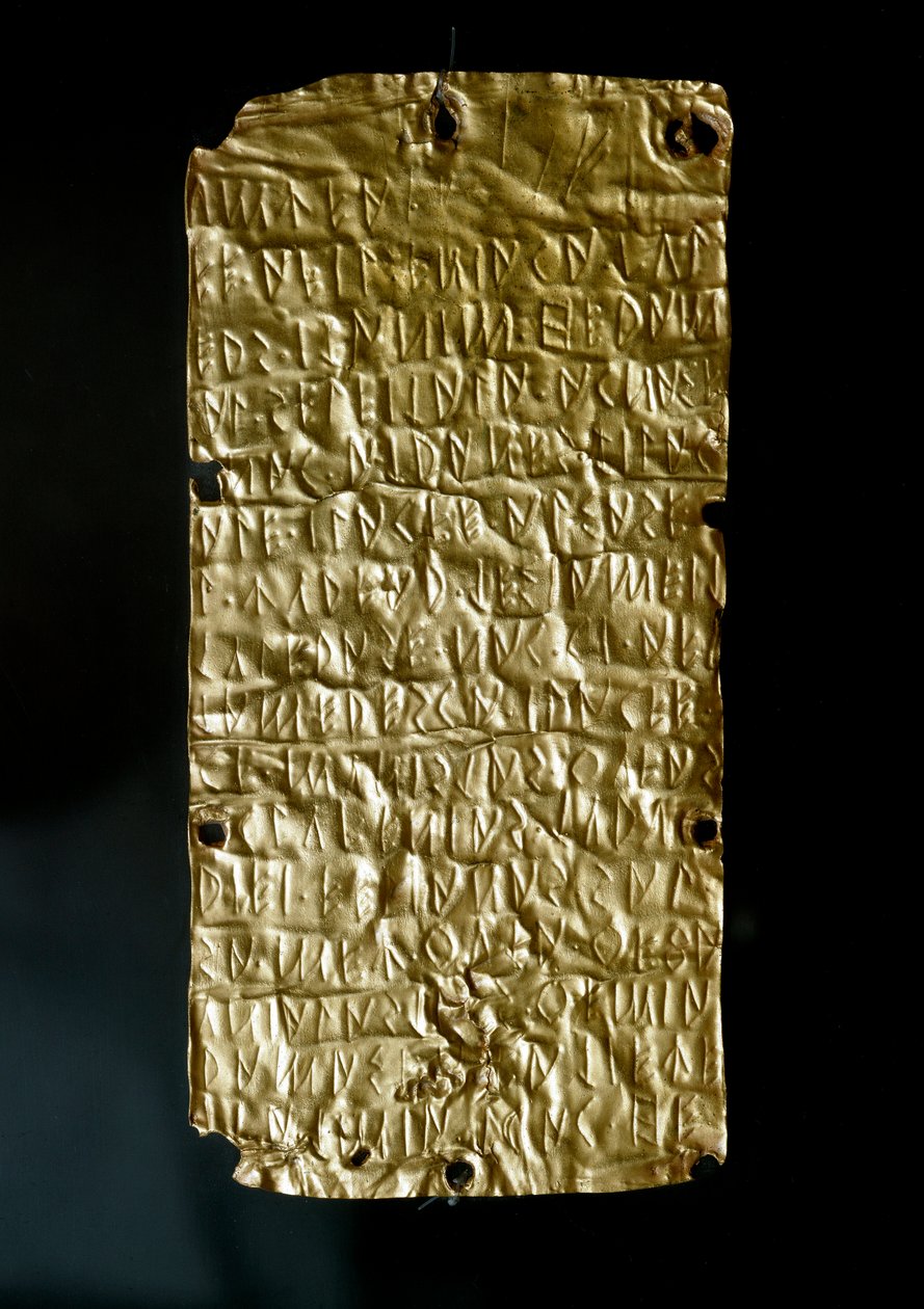 Etruskische Antike: Tafeln (Platten) von Pyrgi aus Gold mit Inschriften in etruskischer Sprache, gewidmet der vereinten Göttin. Ende 6. - Anfang 5. Jahrhundert v. Chr. Rom, Museo Nazionale di Villa Giulia von Etruscan