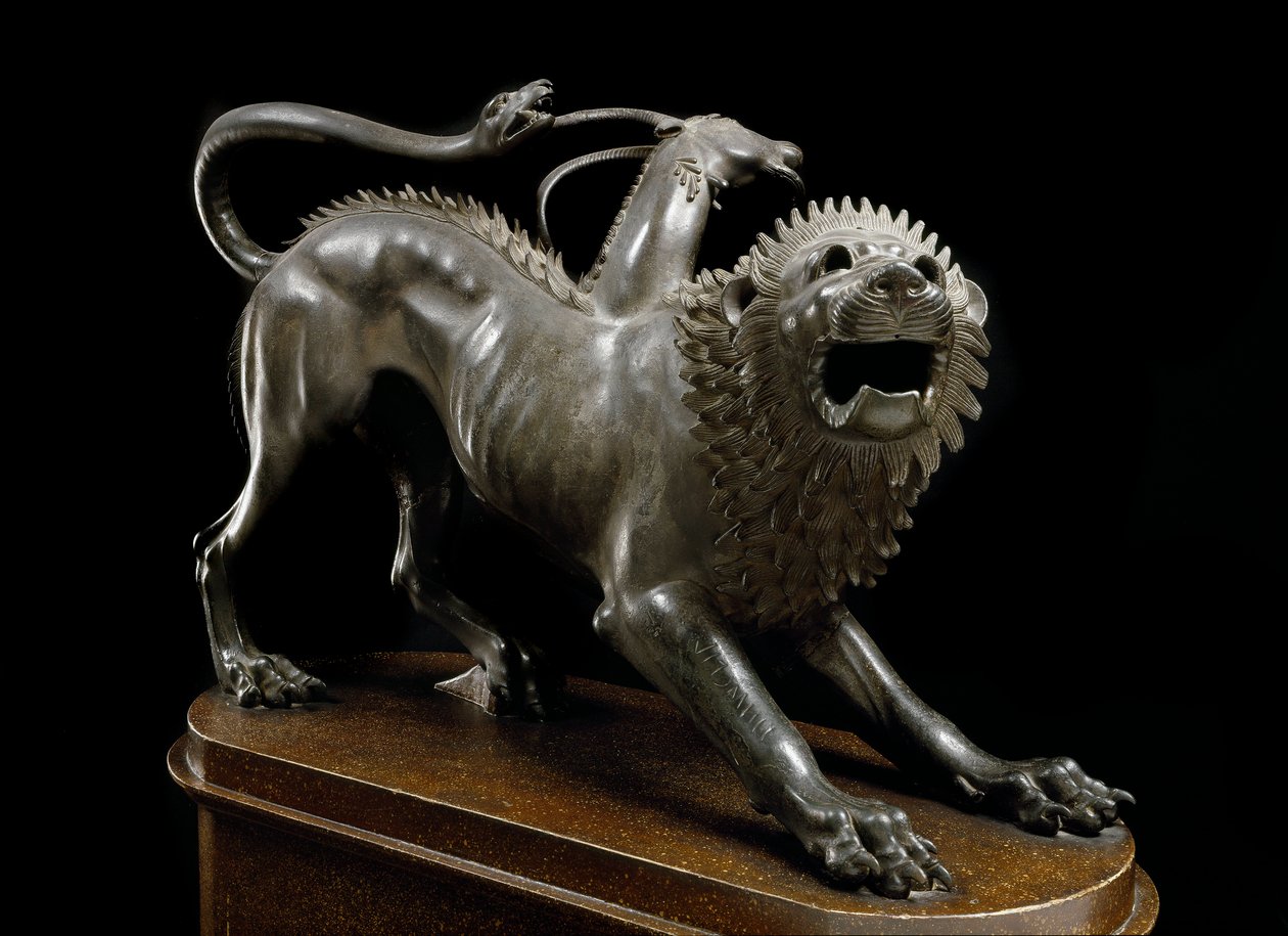 Etruskische Kunst: Chimäre von Arezzo, verletzt von Bellerophon (Chimera ferita von Bellerofonte) - Bronzeskulptur, 400-350 v. Chr. - Archäologisches Museum von Florenz - Chimäre von Arezzo - Etruskische Bronzeskulptur (H. 65 cm), 400-350 v. Chr. - Florenz von Etruscan