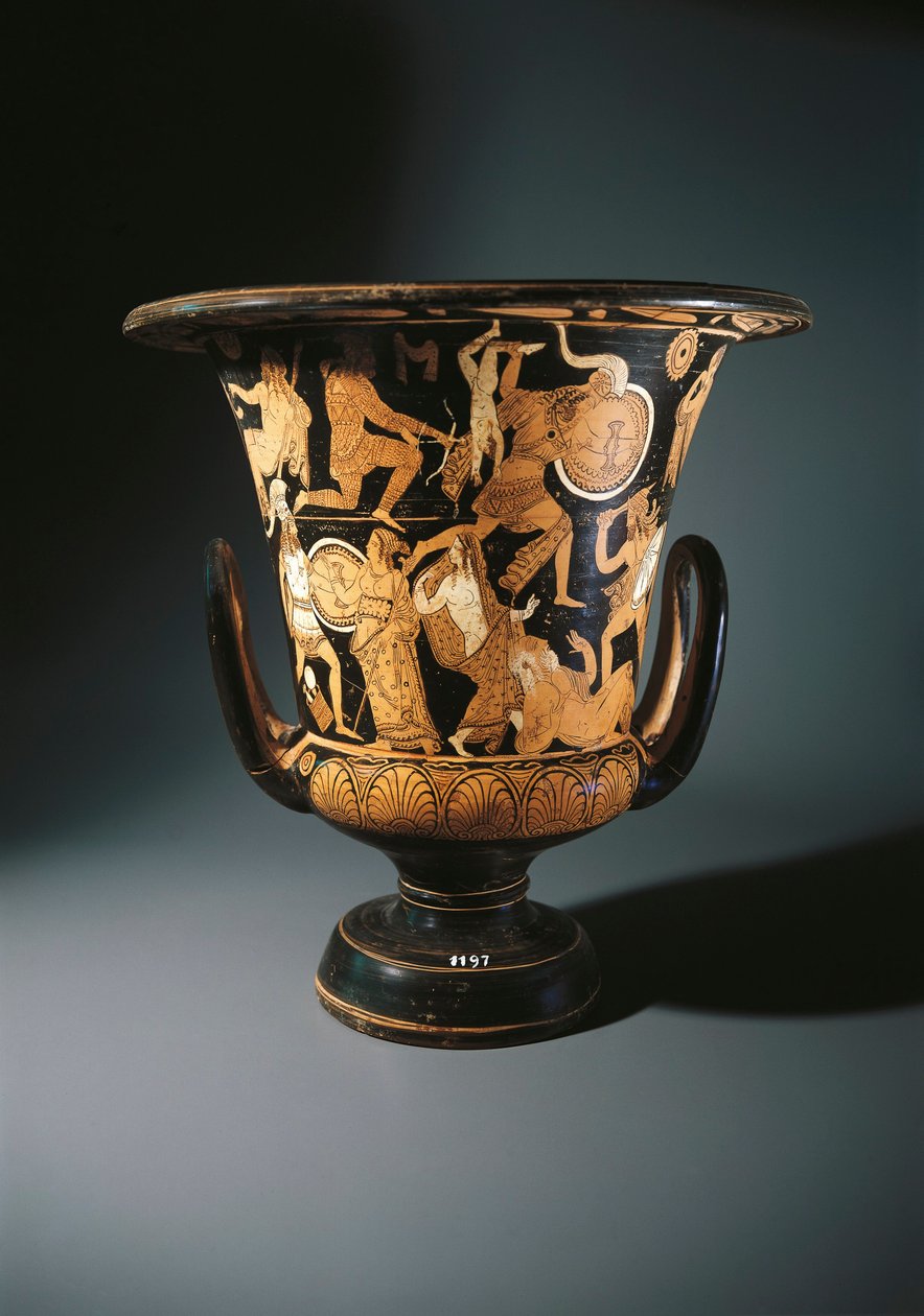 Rotfigurige Keramik, Kelchkrater, der Neoptolemus, Astyanax, Helena von Troja und Priamos am Boden darstellt, vom Nazzano-Maler, aus Civita Castellana von Etruscan
