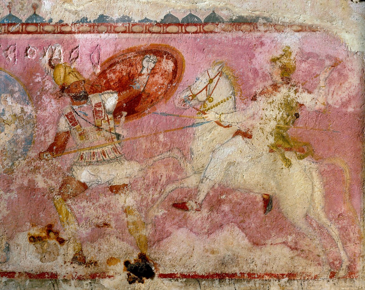 Sarkophag der Amazonen mit gemalter Kampfszene, weißer Kalkstein, aus Tarquinia, Latium, Italien, Detail von Etruscan
