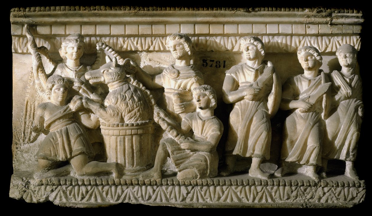 Etruskische Kunst: „Odysseus und seine Gefährten bei ihrer Begegnung mit Circe“ (Odyssee von Homer) Flaches Marmorrelief eines Sarkophags aus Volterra. 3. Jahrhundert v. Chr. Florenz, Museo Archeologico von Etruscan Etruscan