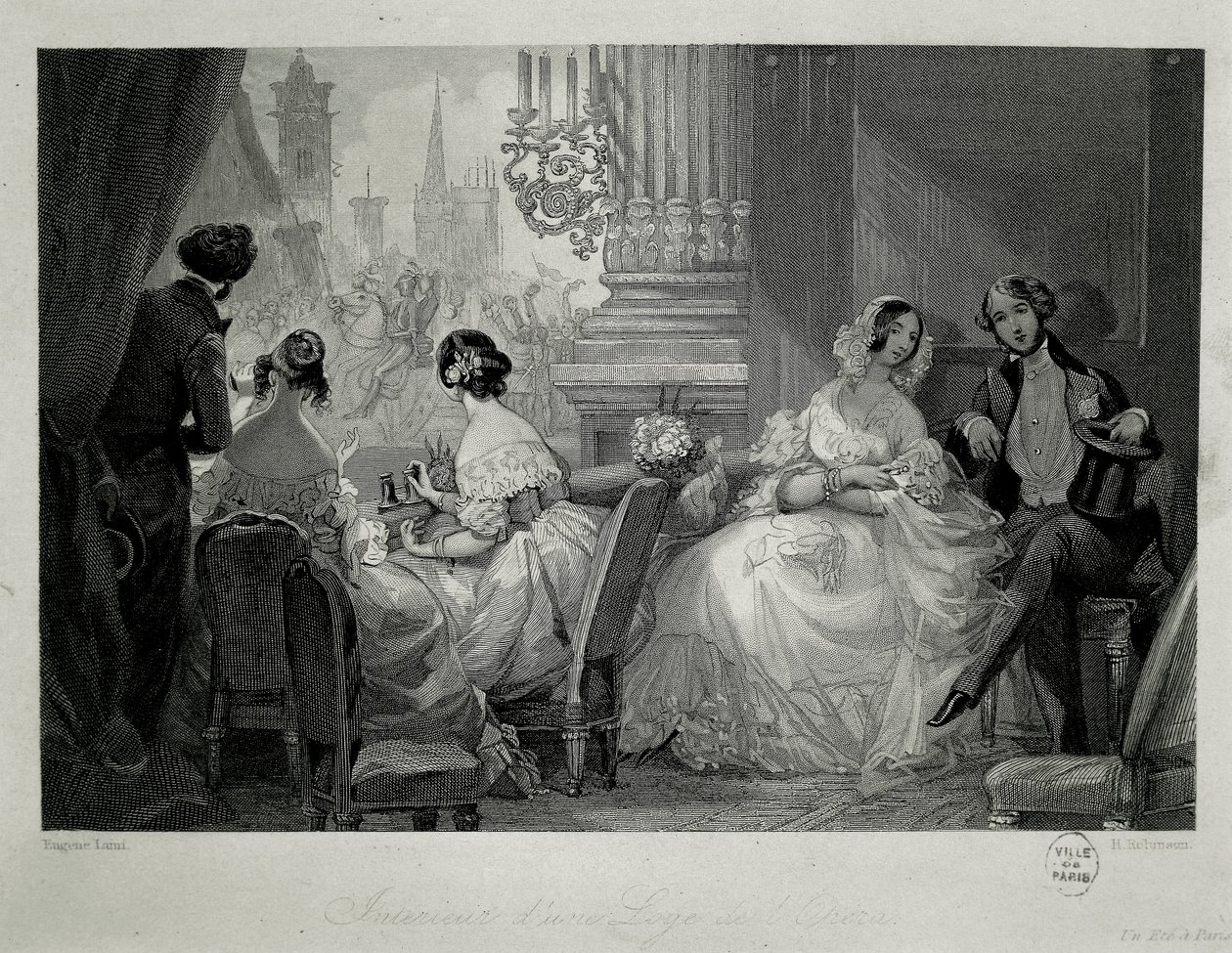 Innenraum der Pariser Oper, Menschen in einer Loge, Gravur von Eugene-Louis Lami von Eugene Louis Lami