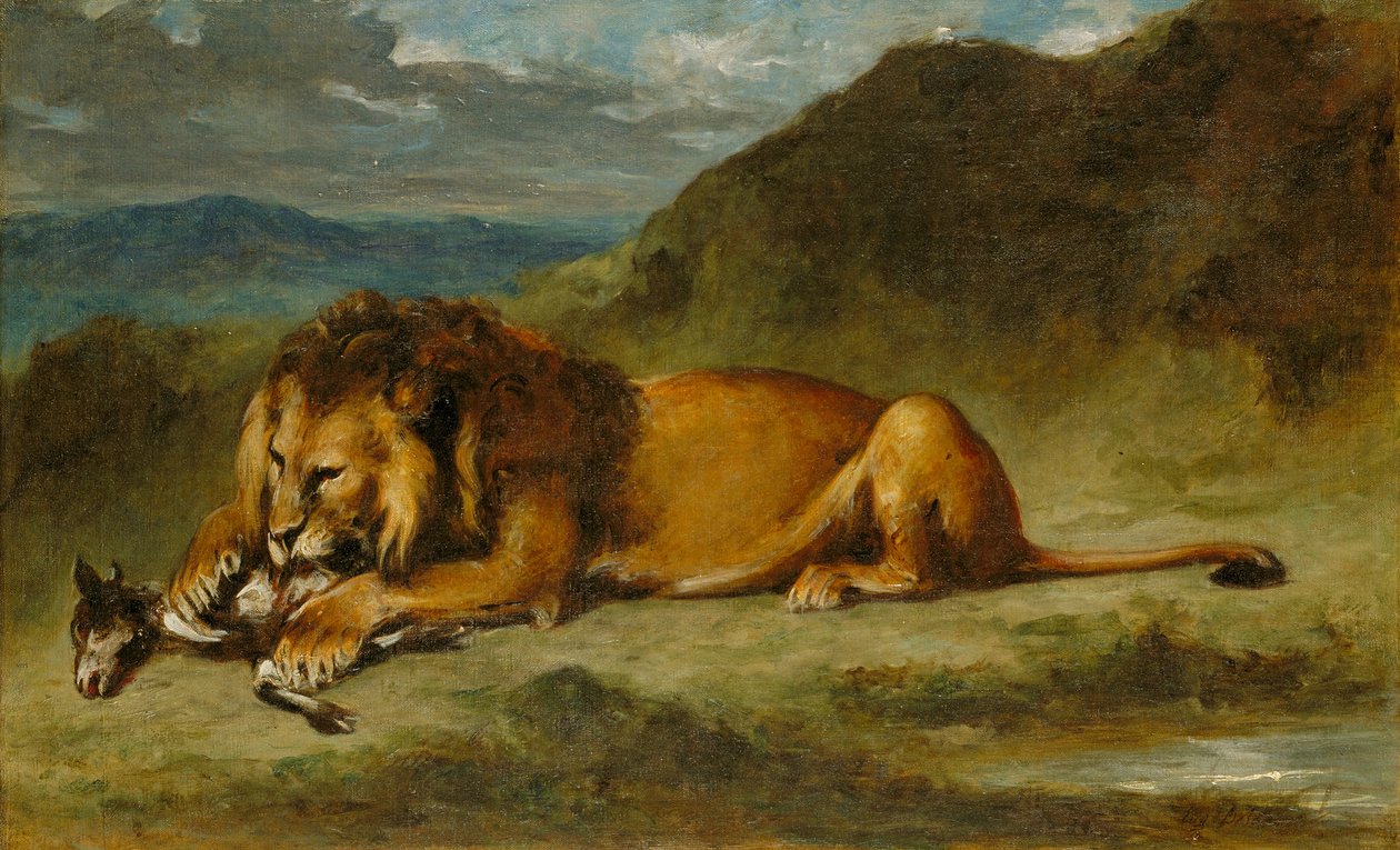Löwe verschlingt eine Ziege, ca. 1850 von Eugene  Delacroix
