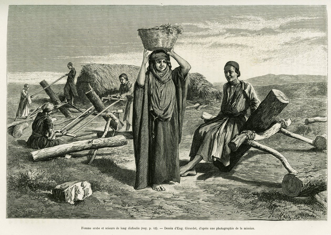Arabische Frau und Sägen von langen zehn Foulis. Gravur von Eugene Girardet, zur Illustration der Geschichte „A Suse“. von Eugene Alexis Girardet