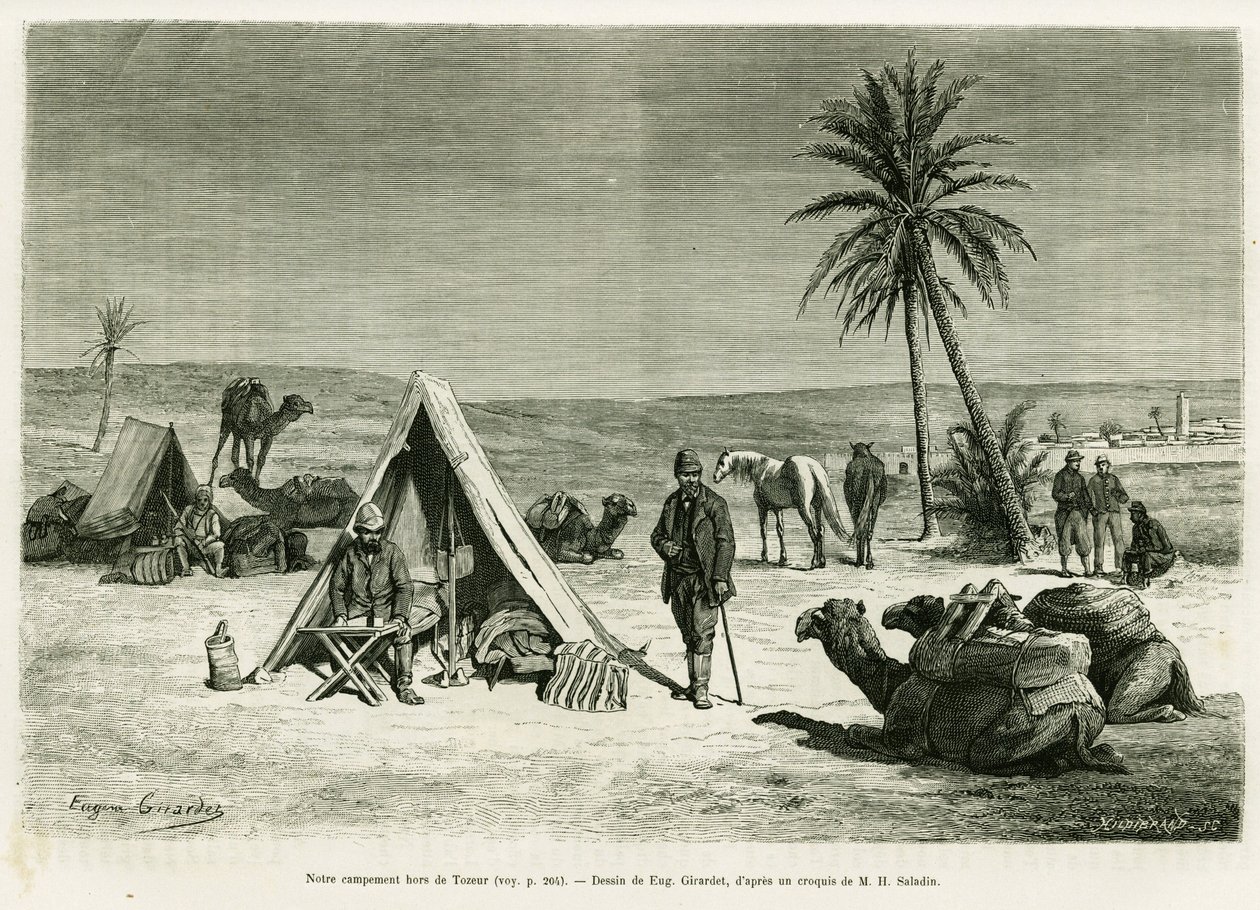 Lager der Reisenden in der Nähe von Tozeur. Gravur von Eugene Girardet zur Illustration der Geschichte „Reise nach Tunesien“ von R. Cagnat und H. Saladin, in Le Tour du monde 1886, herausgegeben von Edouard Charton (1807-1890), Hachette, Paris. von Eugene Alexis Girardet
