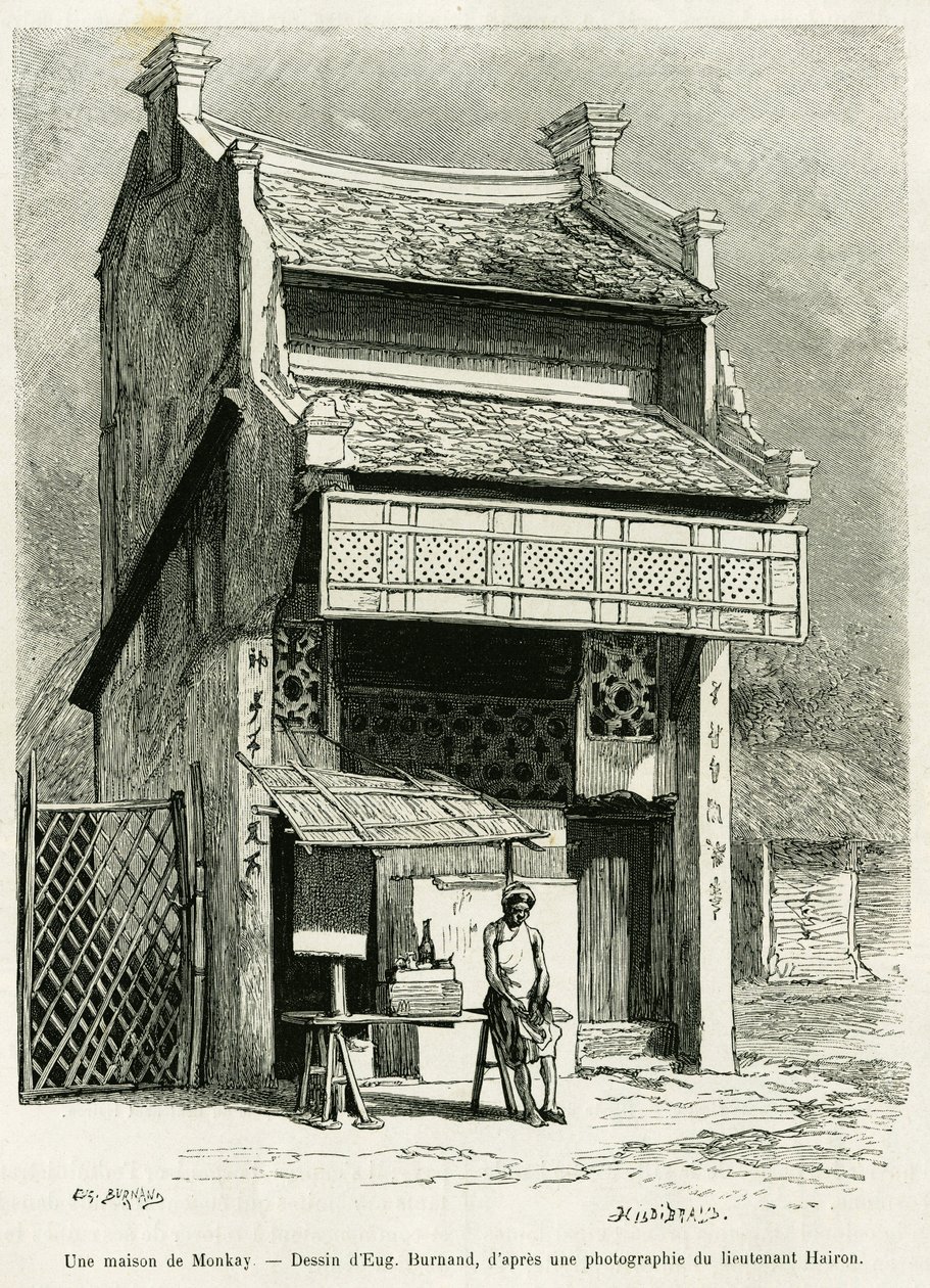 Ein Affenhaus. Gravur von Eugene Burnand zur Illustration der Geschichte Sur les frontières du Tonkin von Dr. P. Neiss, in Le Tour du monde 1888, herausgegeben von Edouard Charton (1807-1890), Hachette, Paris. von Eugene Burnand