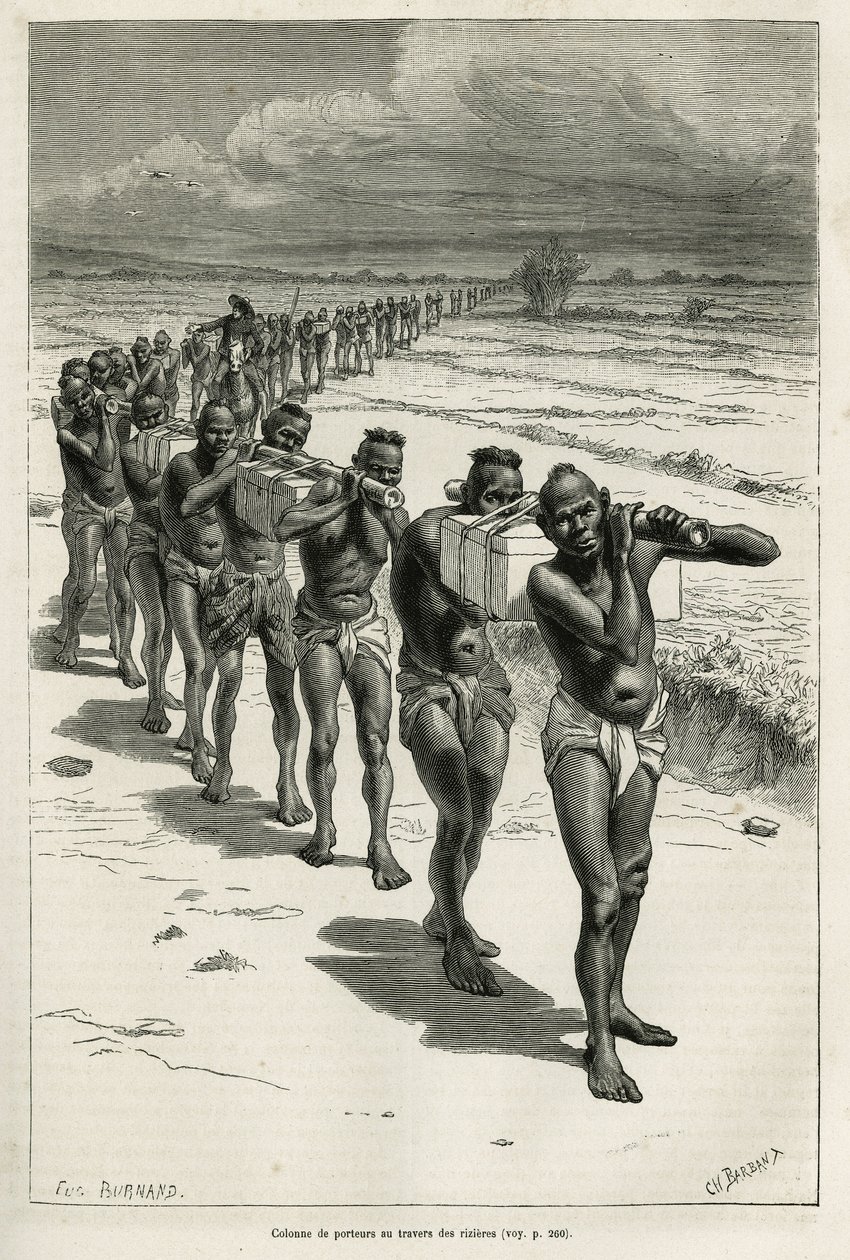 Kolonne von Trägern durch die Reisfelder, zwischen Bassac und Hue, nach einer Zeichnung von Eugene Burnand, zur Illustration der Geschichte über Laos und die wilden Bevölkerungen Indochinas, von Dr. Harmand, 1877, veröffentlicht in der Tour du Monde von Eugene Burnand