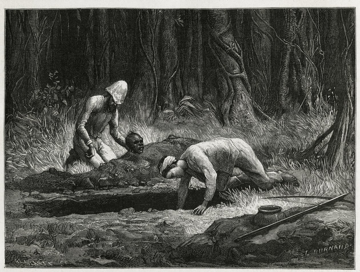 Dr. Harmand und sein annamitischer Helfer, bei der Durchführung geheimer Exhumierungen von Khas-Begräbnissen in Attopeu (Laos), Gravur von Eugene Burnand, zur Illustration der Geschichte von Laos und den wilden Bevölkerungen Indochinas von Dr. Harmand, 187 von Eugene Burnand