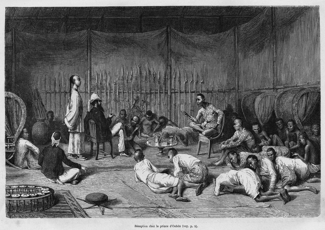 Dr. Harmand beim Empfang beim Prinzen von Oubon (Laos), Beschreibung des Inneren des fürstlichen Hauses und seines Hofes, Gravur von Eugene Burnand, zur Illustration der Geschichte von Laos und den wilden Bevölkerungen Indochinas von Dr. Harmand, 1877, ver von Eugene Burnand
