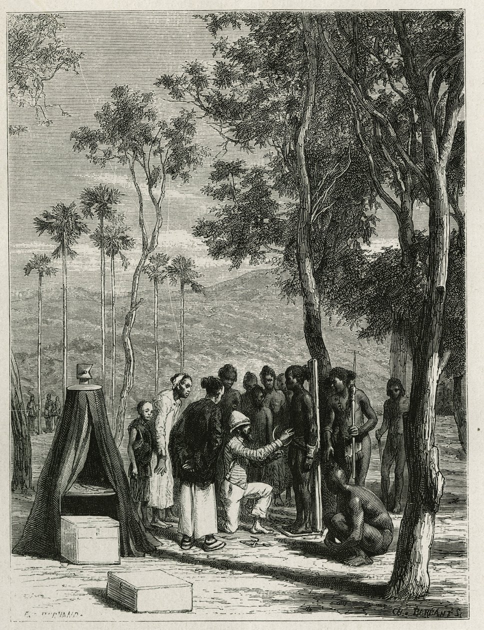 Dr. Harmand führt anthropologische Messungen an den einheimischen Khas in Attopeu (Laos) durch, Gravur von Eugene Burnand, zur Illustration der Geschichte von Laos und den wilden Bevölkerungen Indochinas von Dr. Harmand, 1877, veröffentlicht in der Tour du von Eugene Burnand