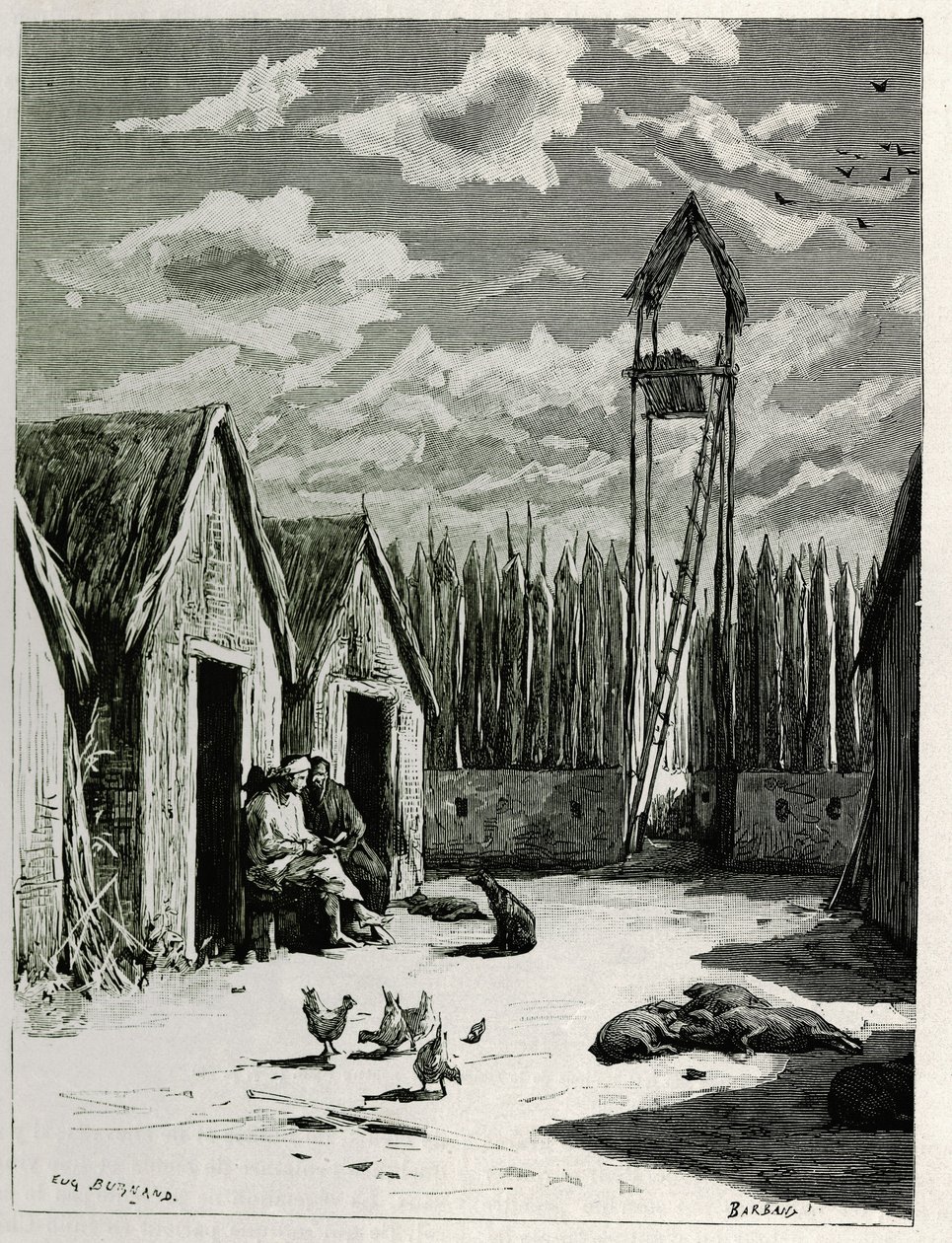 Missionarsplatz in Meuong Ngan. Gravur von Eugene Burnand zur Illustration der Geschichte „Reise in Oberlaos“, 1880, von Dr. P. Neis. Veröffentlicht in Le Tour du monde, nouveau journal des voyages, 2. Halbjahr 1885, herausgegeben von Edouard Charton (1807 von Eugene Burnand