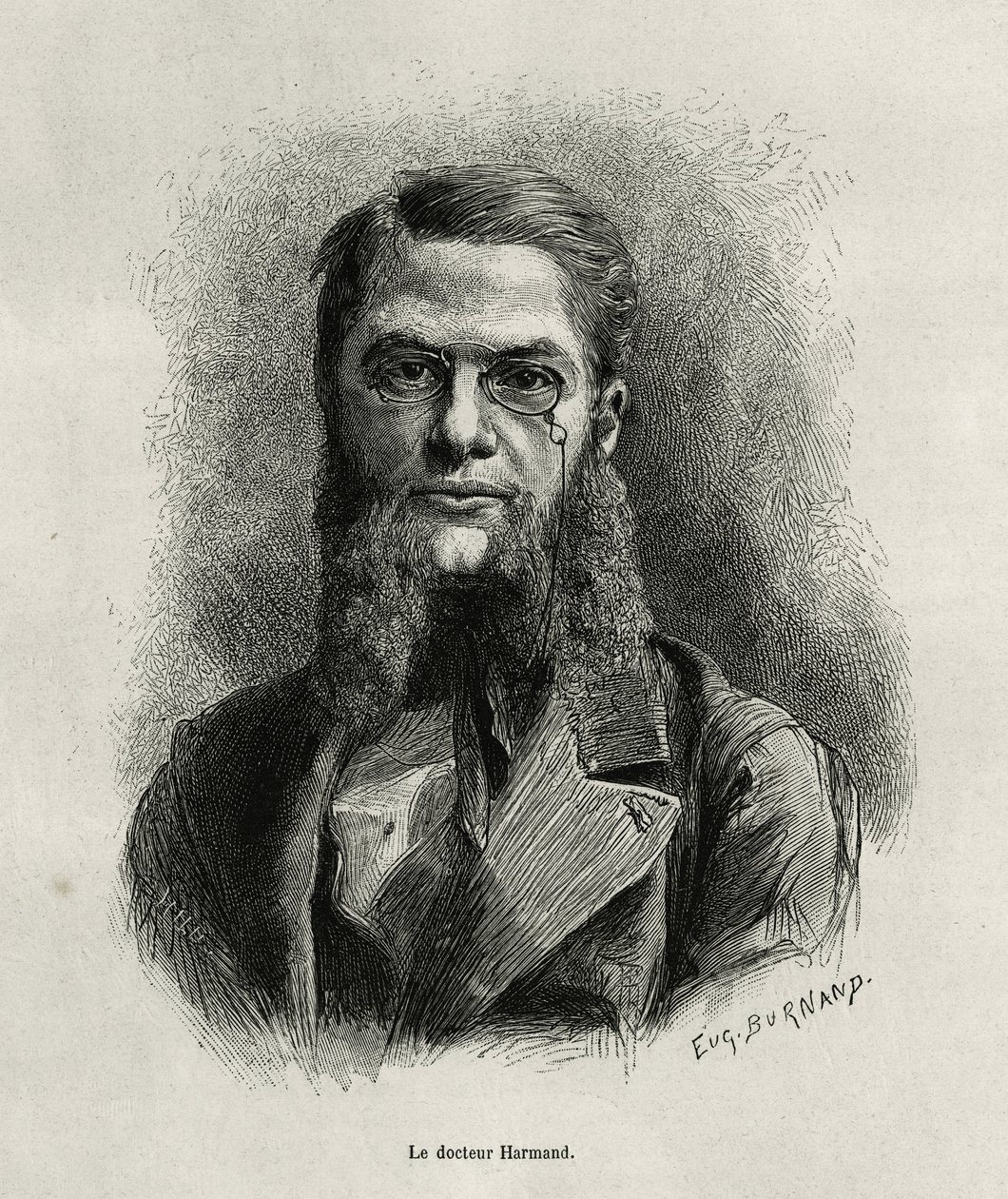 Porträt von Dr. Harmand, Gravur von Eugene Burnand, zur Illustration der Geschichte von Laos und den wilden Bevölkerungen Indochinas von Dr. Harmand, 1877, veröffentlicht in Le tour du monde, unter der Leitung von Edouard Charton von Eugene Burnand
