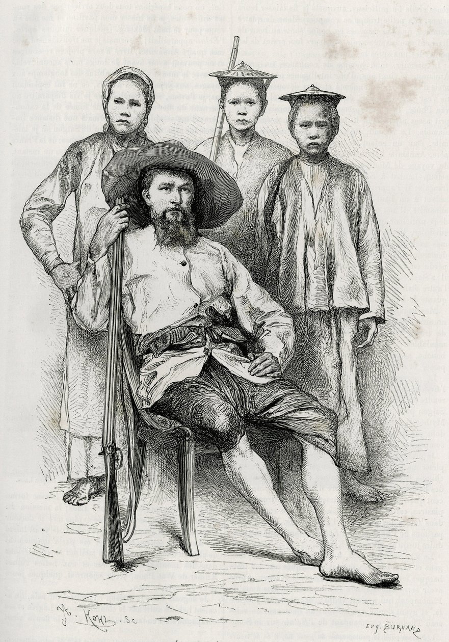 Porträt des Autors, umgeben von seinen Reisegefährten. Gravur von Eugene Burnand zur Illustration der Geschichte „Reise in Oberlaos“, 1880, von Dr. P. Neis. Veröffentlicht in Le Tour du monde, nouveau journal des voyages, 2. Halbjahr 1885, herausgegeben vo von Eugene Burnand