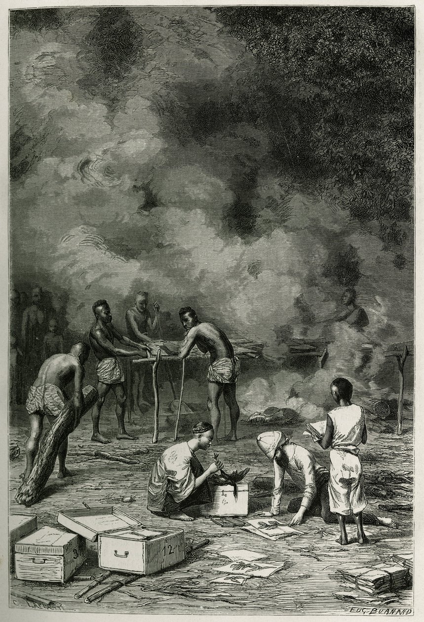 Das Trocknen von Herbariumpflanzen auf großen Bambusmatten, bevor der Arzt sie klassifiziert und in seinen Kisten aufbewahrt, Gravur von Eugene Burnand, zur Illustration der Geschichte von Laos und den wilden Bevölkerungen Indochinas von Dr. Harmand, im Ja von Eugene Burnand