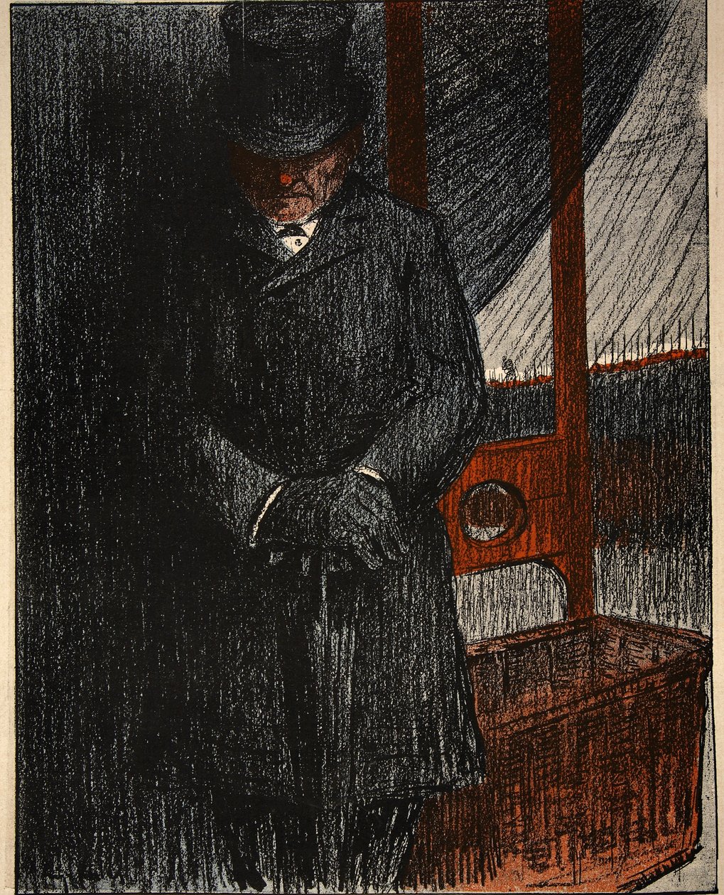 Ein Bestatter wartet auf sein nächstes Opfer an der Guillotine, Illustration aus 