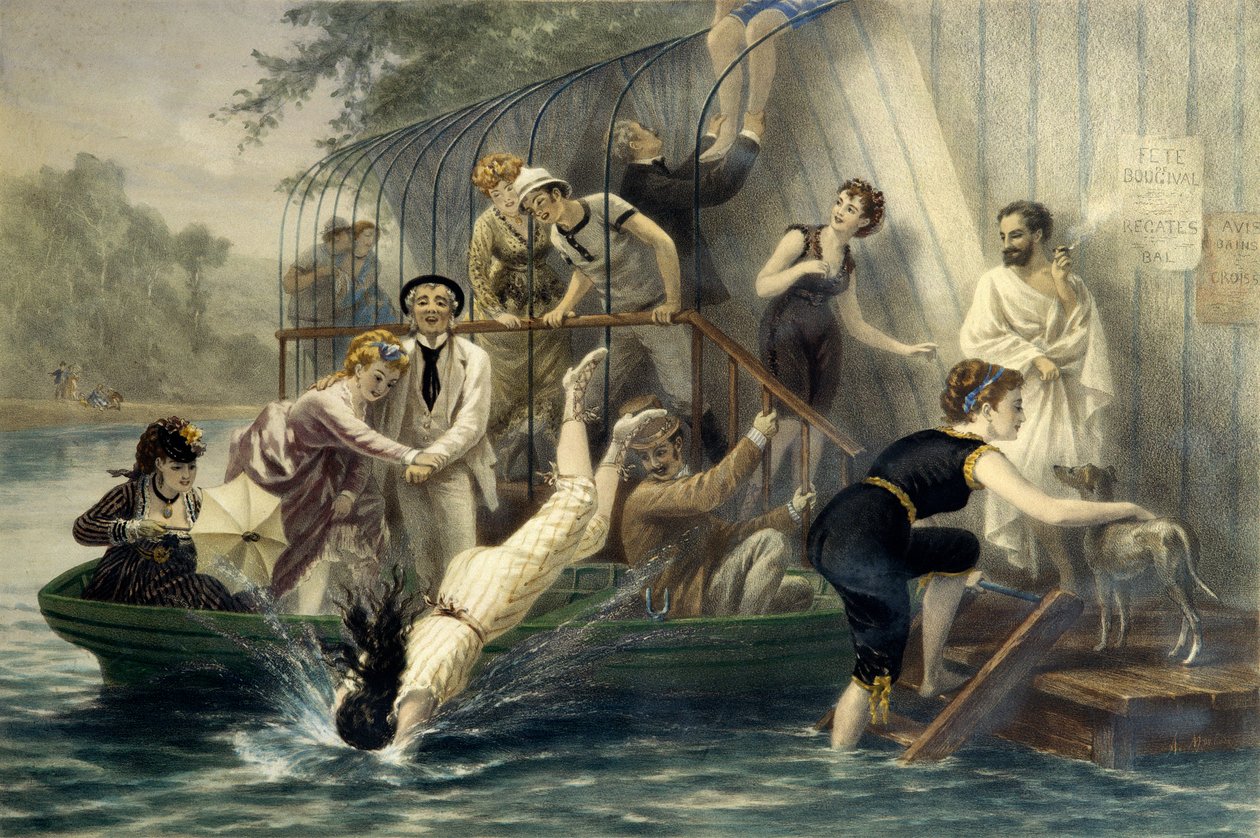 Ah! Der schöne Kopf, ein Sonntag am Wasser. Frau taucht im Badeanzug ins Wasser im 19. Jahrhundert unter dem Gelächter von Matrosen. Eine Frau im Boot schützt sich mit ihrem Regenschirm. Gravur von Eugene Guerard (1821-1866) von Eugene Charles Francois Guerard