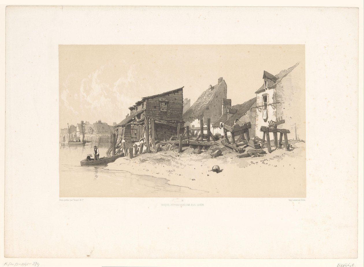 Flussufer mit Häusern und Wassermühle von Eugene Ciceri