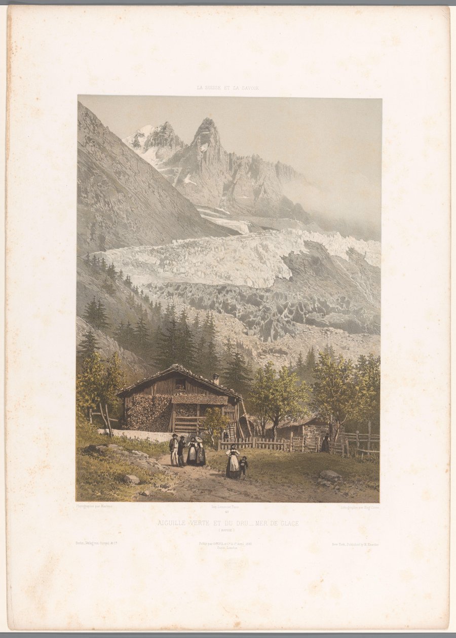 Blick auf die Gipfel Aiguille Verte und Dru und den Gletscher Mer-de-Glace von Eugene Ciceri