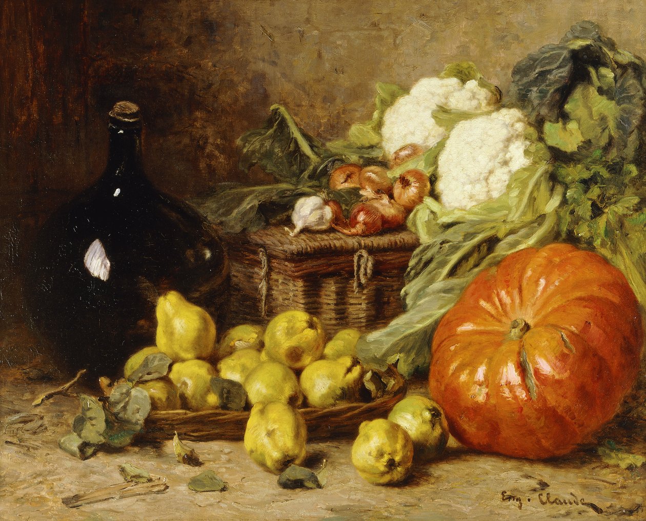 Ein Stillleben mit einem Weinkrug, einem Korb, Birnen, Zwiebeln, Blumenkohl, Kohl, Knoblauch und einem Kürbis von Eugene Claude