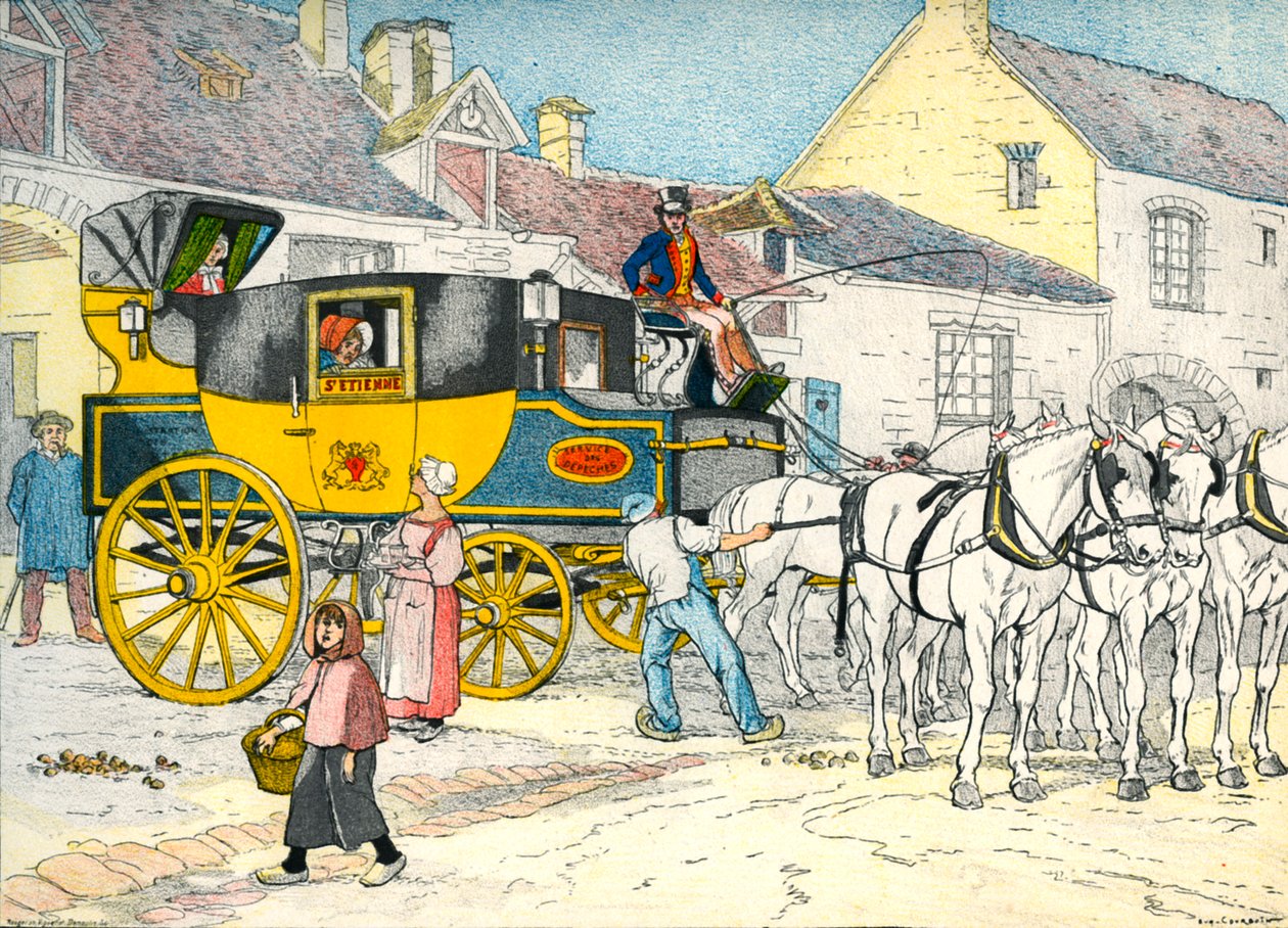 Postkutsche in einem Kutschenhaus im Jahr 1840 von Eugene Courboin