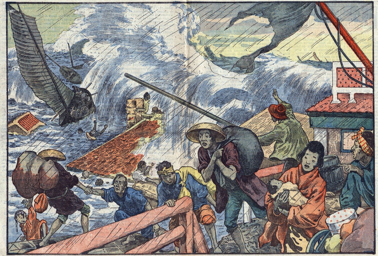 Ein Taifun trifft Japan. Illustration von Damblans. In „Le Pèlerin“ vom 2. Oktober von Eugene Damblans