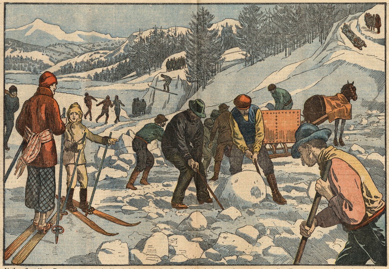 Alpine Bewohner sammeln im Winter Eisblöcke für den Sommer. Im Hintergrund üben Männer Wintersport. Illustration von Damblans. In „Le Pelerin“ vom 18. Dezember von Eugene Damblans