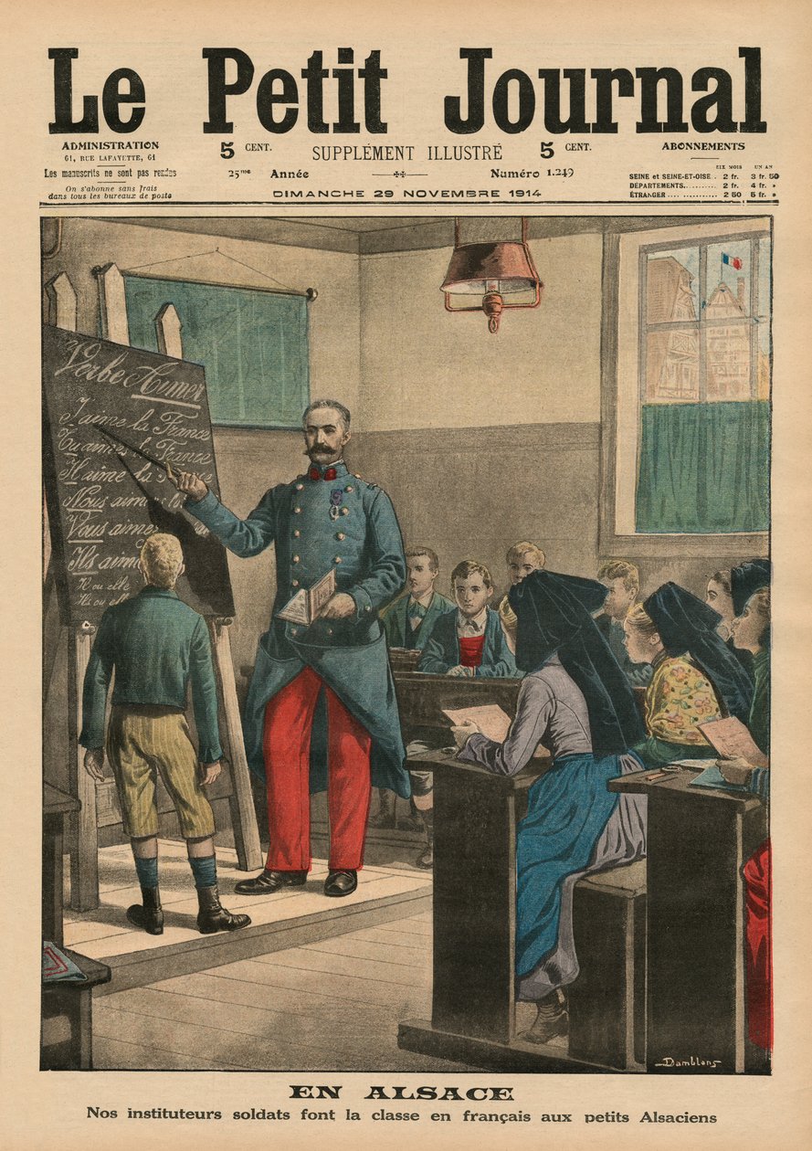 Elsass, unsere Lehrer Soldaten unterrichten die elsässischen Kinder Französisch, Titelillustration aus 