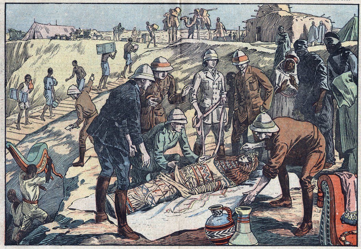 Eine englische Mission, beauftragt von Earl Byron de Prorok (1896-1954), einem Archäologen, entdeckte das Grab von Tin-Hahan im Hoggar. Illustration von Damblans. In „Le Pelerin“ vom 20. Dezember 1925. von Eugene Damblans