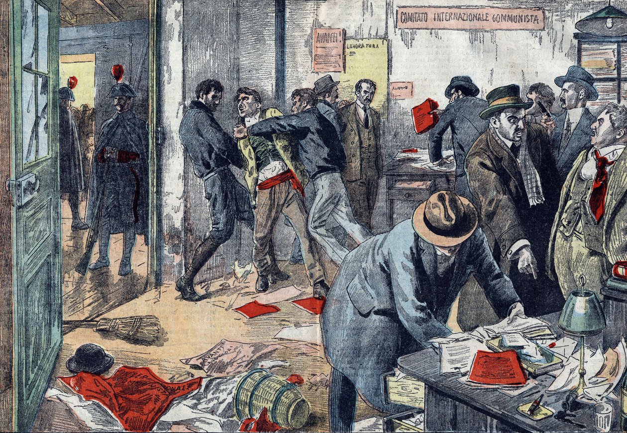 Benito Mussolini ließ im Februar 1923 in Triest, Italien, massenhaft Kommunisten verhaften; Durchsuchung der Büros der Zeitung „Lavoratore“. Zeichnung von Damblans in „Le Pelerin“ von 1923 von Eugene Damblans