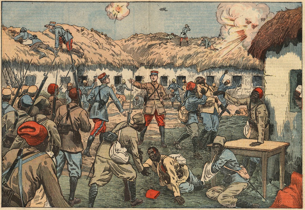 Kolonialtruppen befreien den Aoulay (Aoulai) Posten in Marokko unter Hauptmann Duboin. Illustration von Damblans. In „Le Pèlerin“ vom 7. Juni von Eugene Damblans