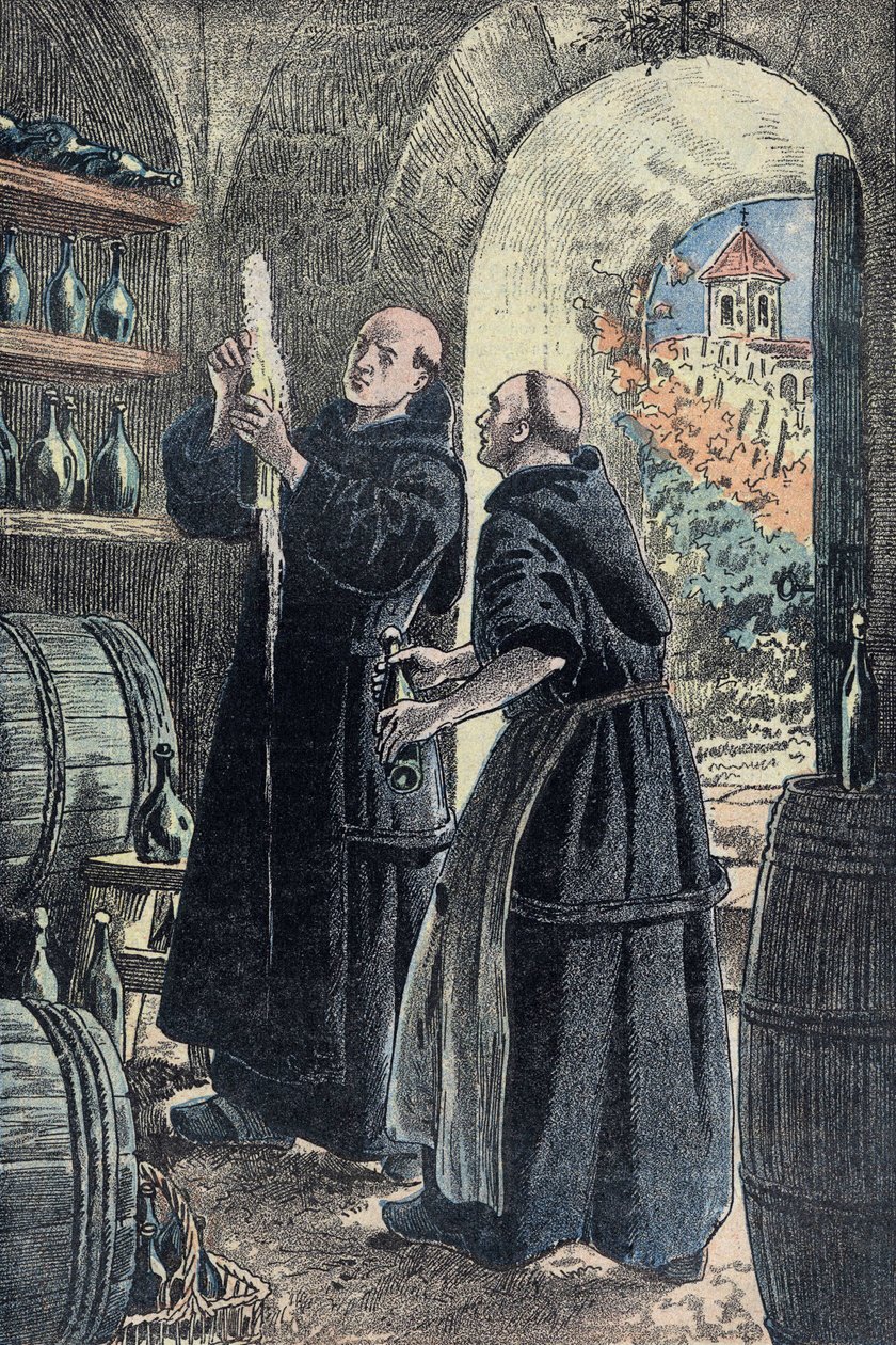 Dom Pierre Perignon (1639-1715), Benediktinermönch, Erfinder des Champagnerherstellungsverfahrens. Illustration von Damblans von Eugene Damblans