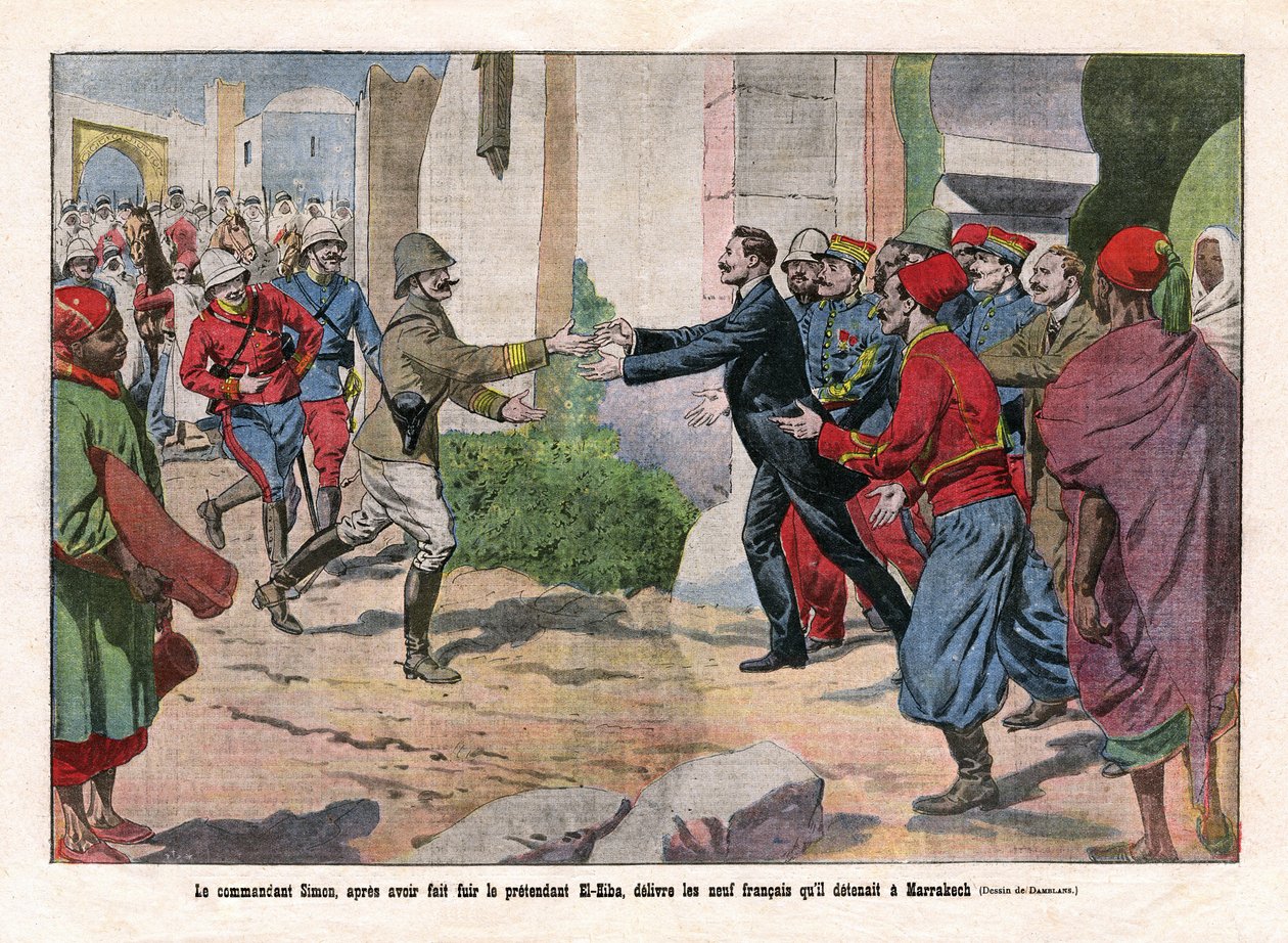 Ereignisse in Marokko, übernommen von den Truppen von Hubert Lyautey und Charles Mangin. Kommandant Simon, nachdem er vor dem Prätendenten El-Hiba geflohen war, befreite die Neun von Eugene Damblans