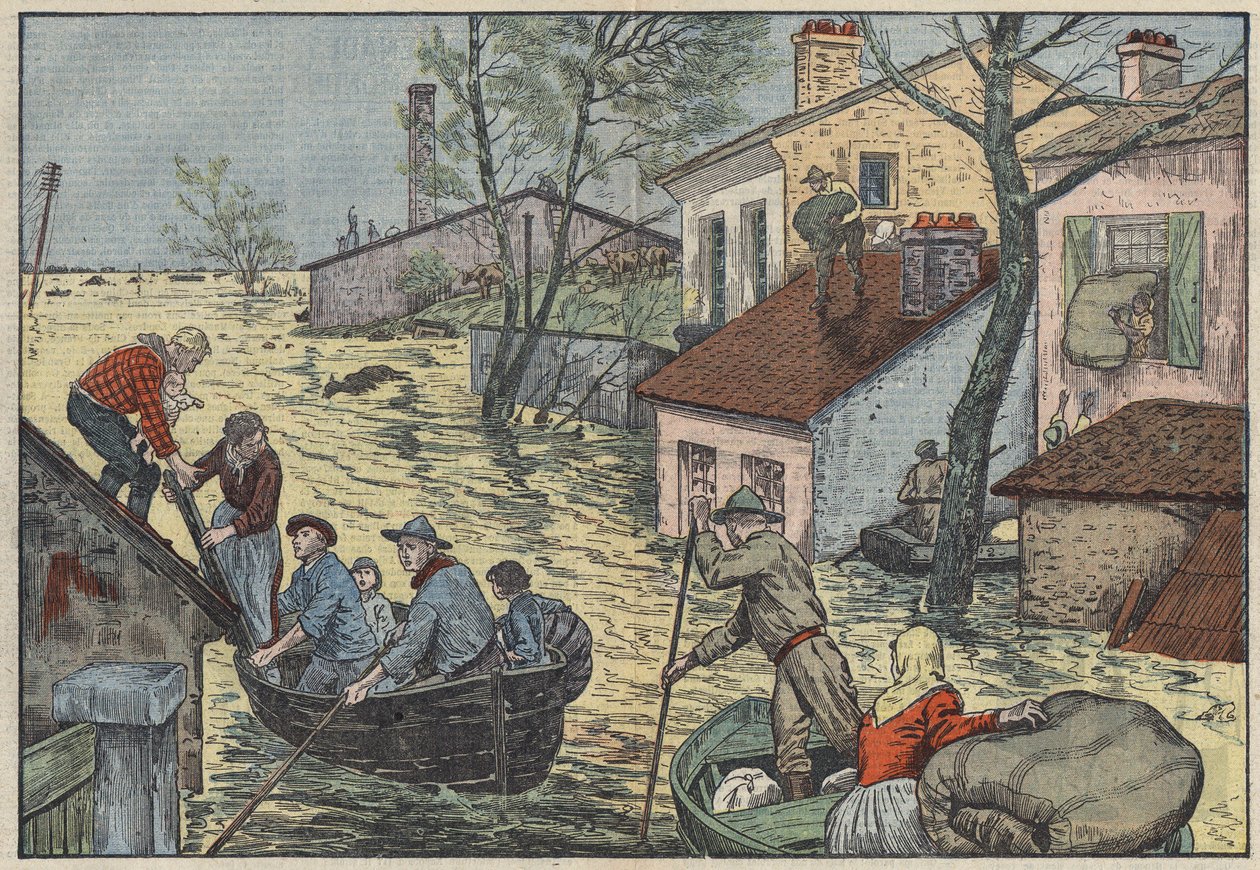 Überschwemmungen in Louisiana (USA): Angesichts der bedrohlichen Wellen des Mississippi sind Bauern und Fallensteller gezwungen, ihre Häuser und Felder zu verlassen. Illustration von Damblans. In „Le Pelerin“ vom 15. Mai von Eugene Damblans