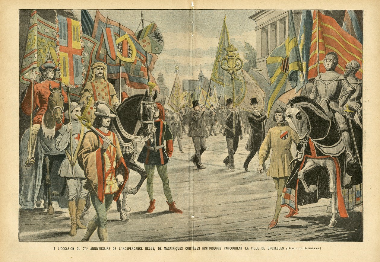 Illustration von Eugene Damblans (1865-1945) in Le Pelerin, 06/08/05 - Anlässlich des 70. Jahrestages der belgischen Unabhängigkeit ziehen prächtige historische Umzüge durch die Stadt Brüssel - Belgien, Geschichte, Flaggen, Brüssel, Gedenken von Eugene Damblans