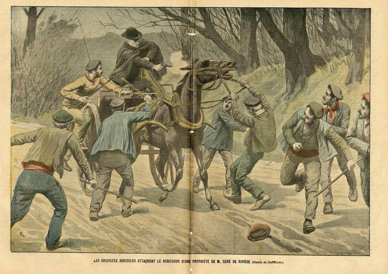 Illustration von Eugene Damblans (1865-1945) in Le Pelerin, 31/01/04 - Landwirtschaftliche Streikende greifen den Verwalter eines Anwesens von M. Sere de Riviere an von Eugene Damblans