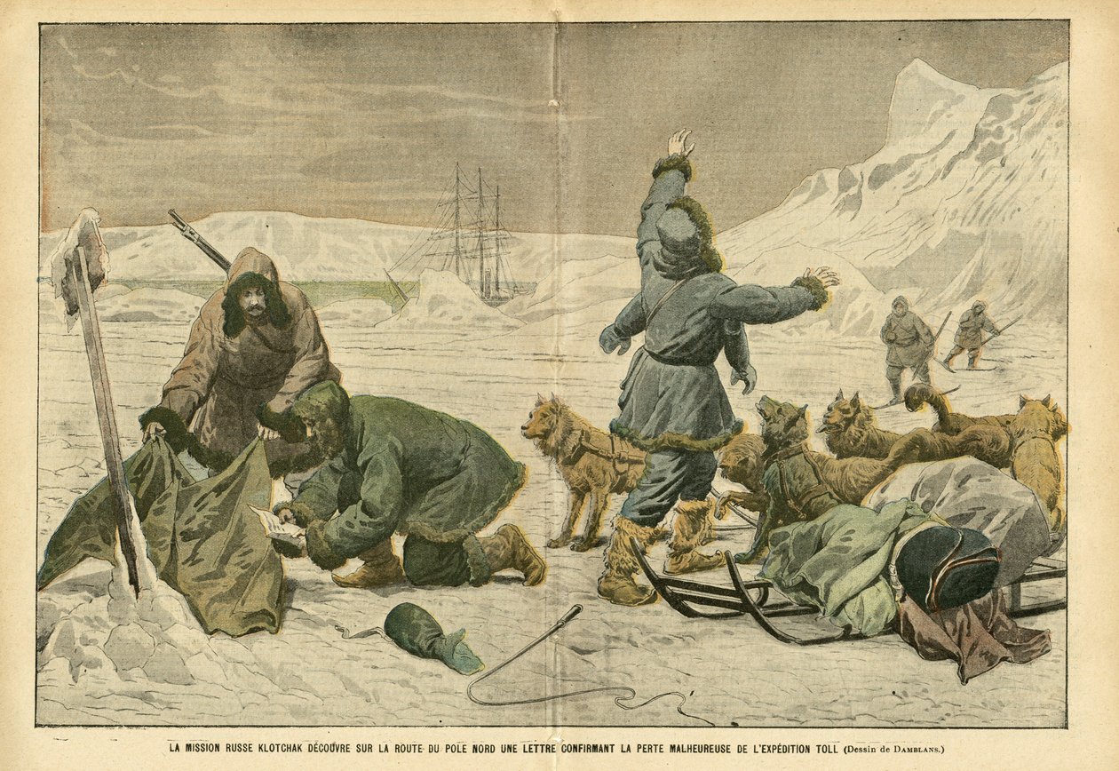 Illustration von Eugene Damblans (1865-1945) in Le Pelerin, 02/04/05 - Die russische Mission Klotchak entdeckt auf dem Weg zum Nordpol einen Brief, der den Verlust der Toll-Expedition bestätigt von Eugene Damblans