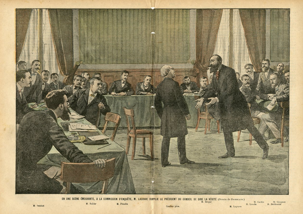 Illustration von Eugene Damblans (1865-1945) in Le Pelerin, 03/07/04 - In einer bewegenden Szene bittet M. Lagrave den Präsidenten des Rates, die Wahrheit zu sagen von Eugene Damblans
