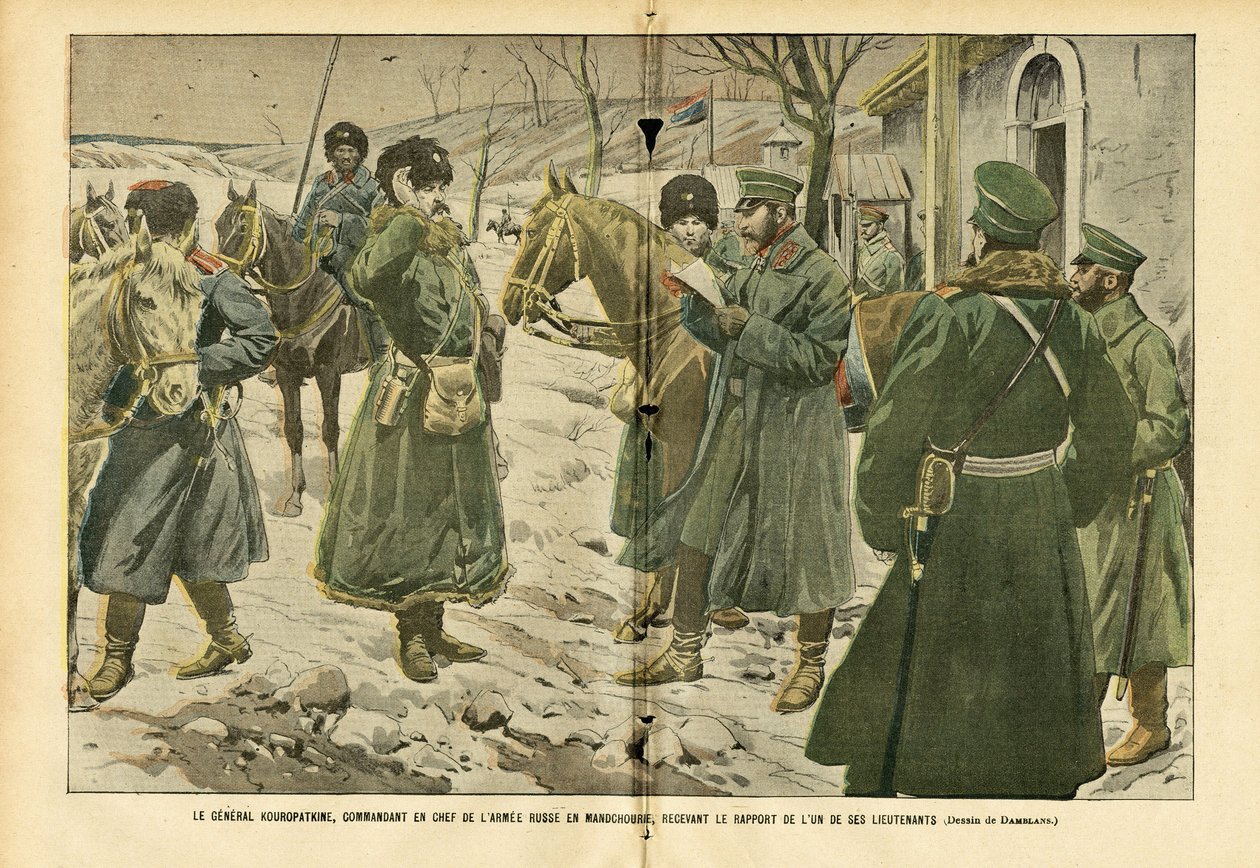 Illustration von Eugene Damblans (1865-1945) in Le Pelerin, 05/03/05 - General Kuropatkin, Oberbefehlshaber der russischen Armee in der Mandschurei, erhält den Bericht eines seiner Leutnants von Eugene Damblans