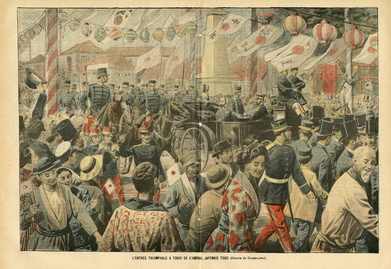Illustration von Eugene Damblans (1865-1945) in Le Pelerin, 05/11/05 - Der triumphale Einzug des japanischen Admirals Togo in Tokio - Armee, Japan, Menge, Tokio - Admiral Admirale, Togo Heihachiro (1848-1934), Zivilisten von Eugene Damblans