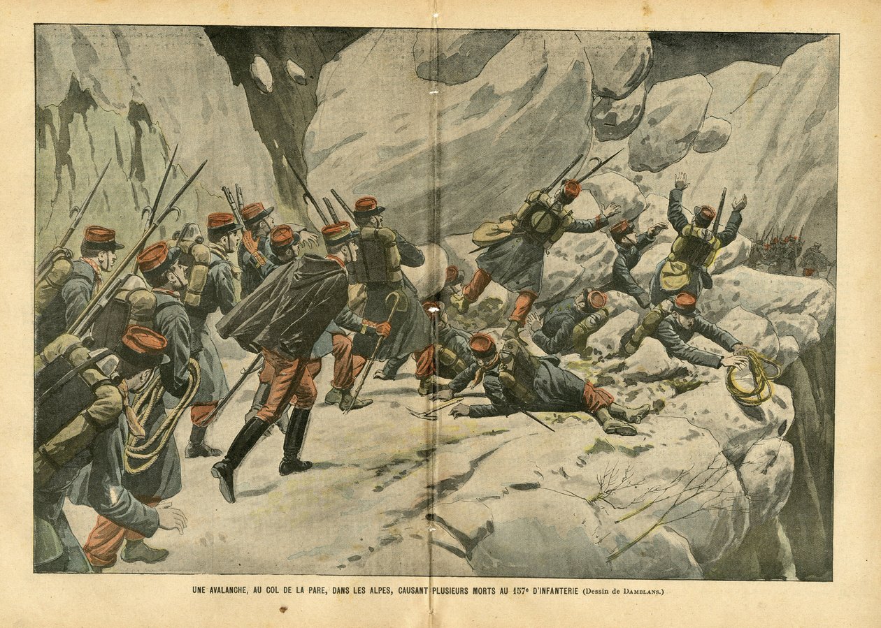 Illustration von Eugene Damblans (1865-1945) in Le Pelerin, 06/03/04 - Eine Lawine am Pare-Pass in den Alpen verursacht mehrere Todesfälle beim 157. Infanterieregiment von Eugene Damblans