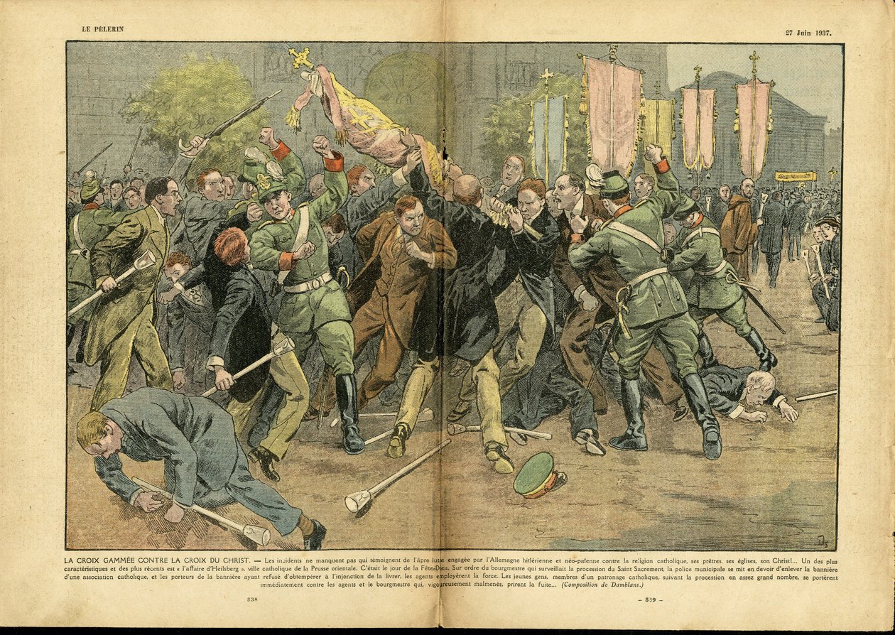 Illustration von Eugene Damblans (1865-1945) in Le Pelerin, 27/06/37 - Das Hakenkreuz gegen das Kreuz Christi im hitlerischen Deutschland - Deutschland Preußen, Religion Glaube, Menge, Kampf, Hakenkreuz, Christliches Kreuz, Katholizismus - Soldat von Eugene Damblans