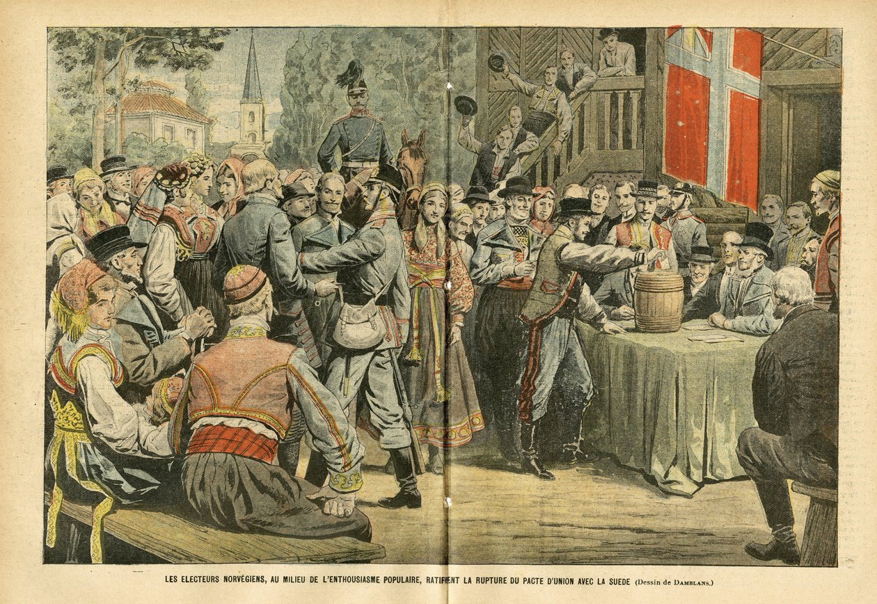 Illustration von Eugene Damblans (1865-1945) in Le Pelerin, 27/08/05 - Die norwegischen Wahlen, inmitten von Volksbegeisterung, ratifizieren die Auflösung des Unionspakts mit Schweden - Wahlen, Stadtarchitektur, Menge, Schweden, Norwegen - Urne von Eugene Damblans